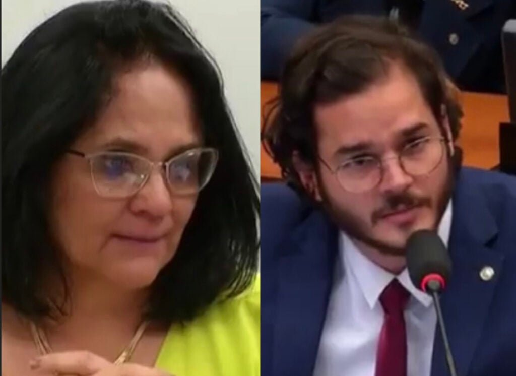 Ministra Damares Alves e Túlio Gadêlha em comissão na Câmara.