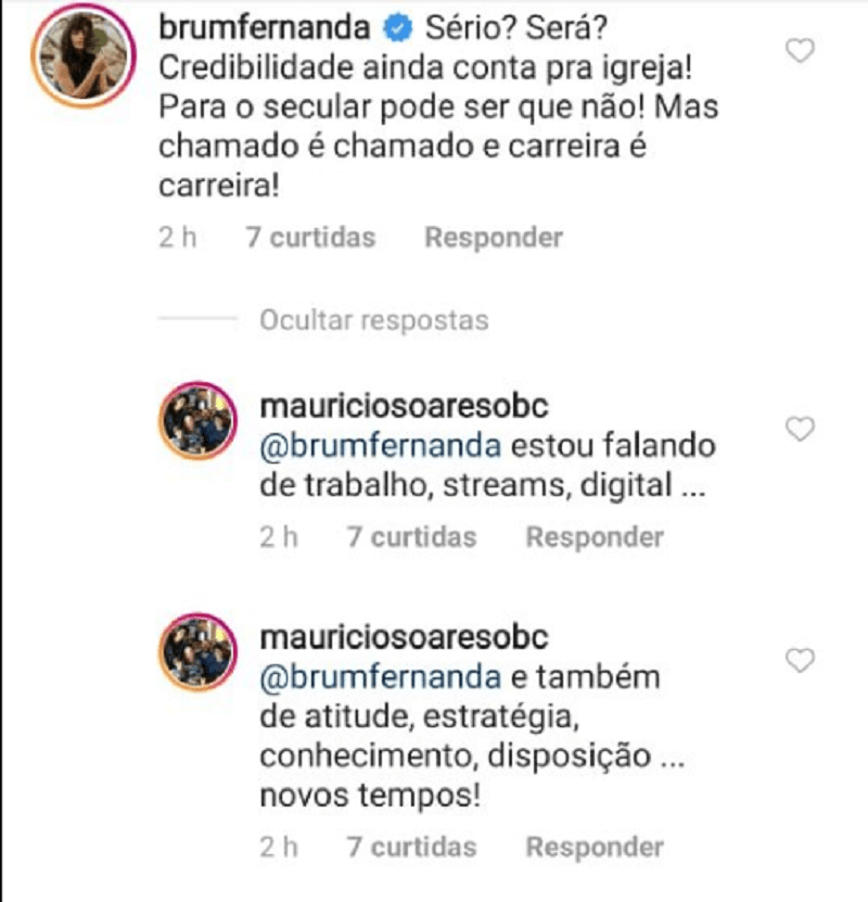 Fernanda Brum responde Maurício Soares em comentário.